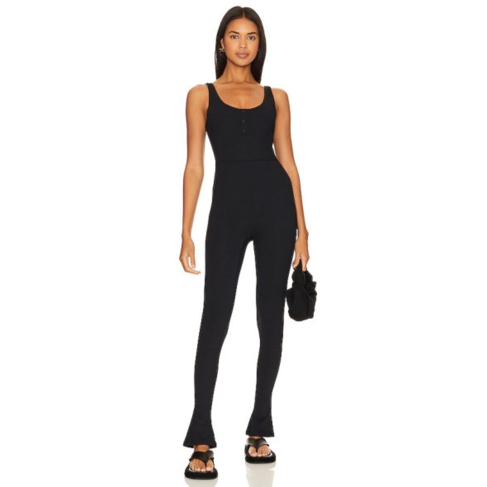 WEWOREWHAT Womens Bodysuit Small Black Pull On Tank Henley Flare Jumpsuit
